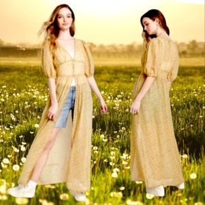 #R Womens Floral Button Front Duster Kimono Prairie Dress Large Yellow & Tan